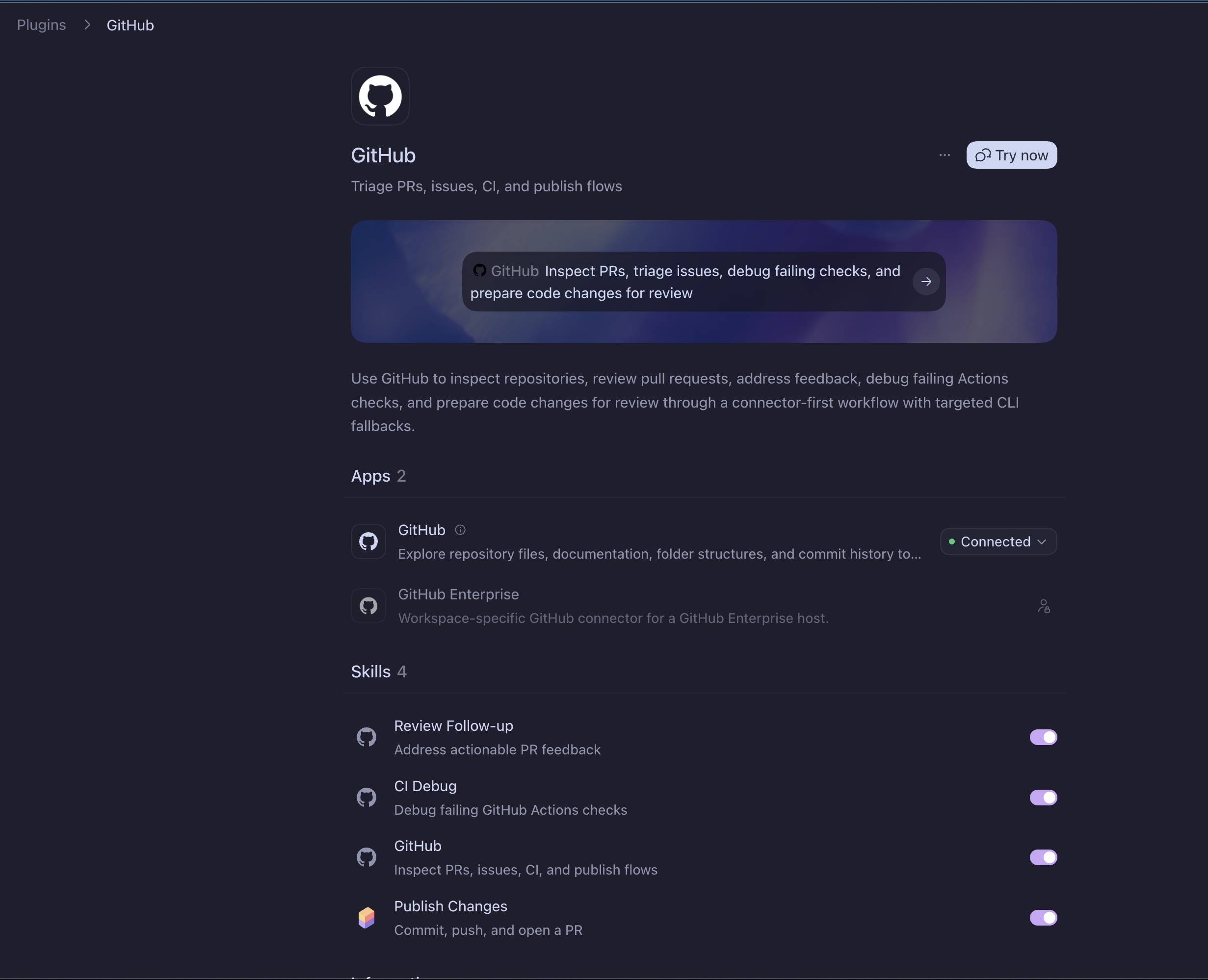 Codex GitHub plugin detail page showing apps and skills packaged together