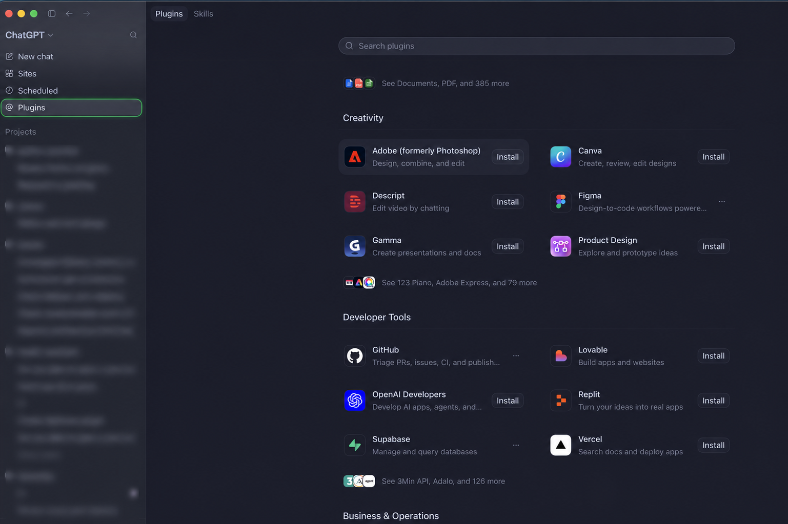 Codex app plugin marketplace with Plugins selected in the sidebar and project names blurred